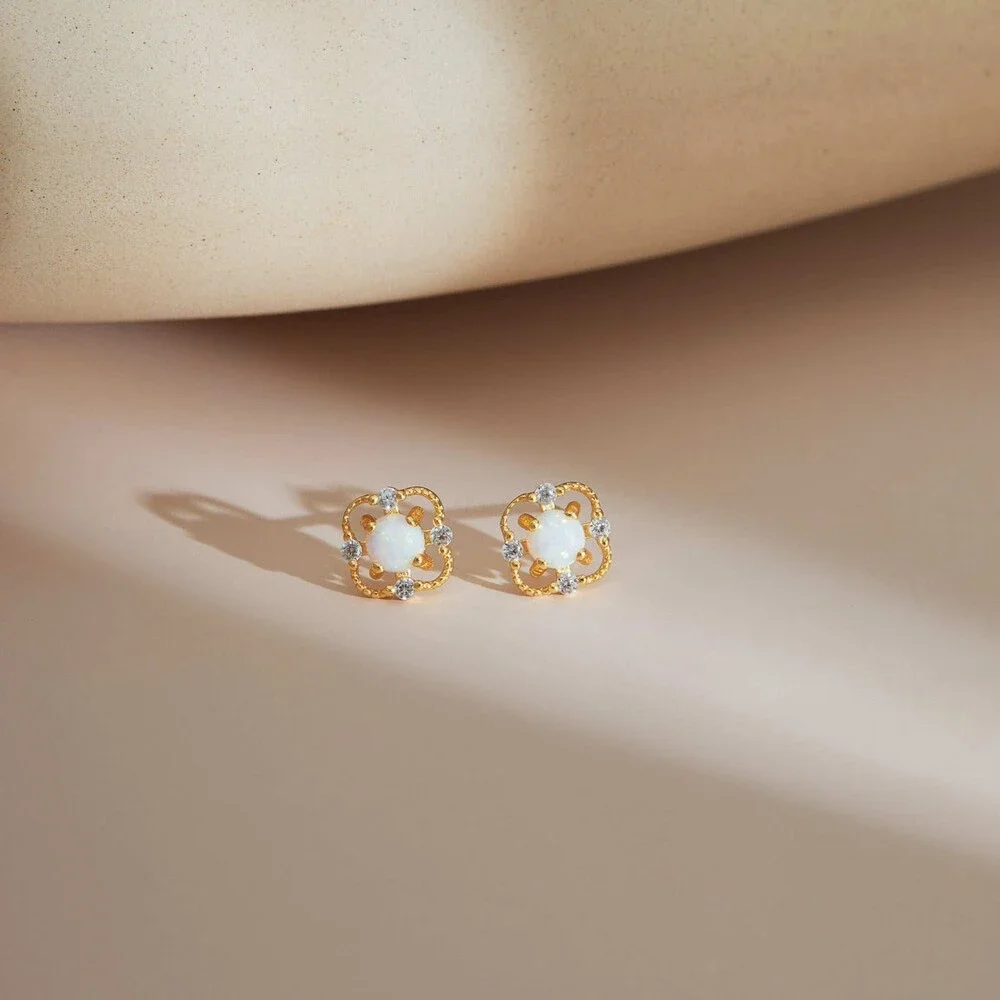 Floral Opal Sterling Silver Stud Earrings